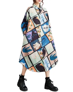 ellazhu Women's Shirt Dress Lapel Button Down Long Sleeve Irregular Hem Oversize Loose Pockets Random Pattern GZ239 Blue