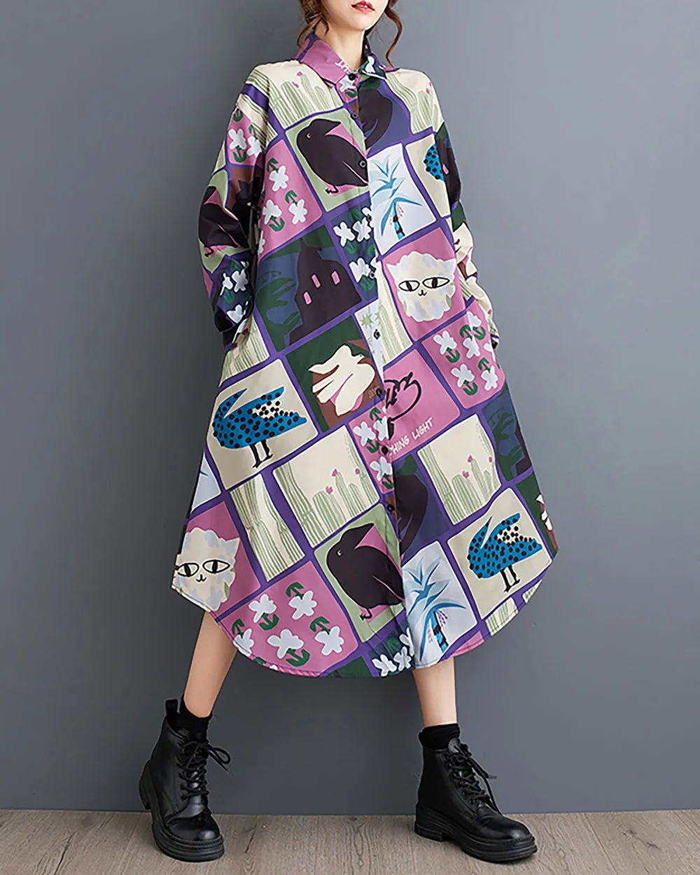 ellazhu Women's Shirt Dress Lapel Button Down Long Sleeve Irregular Hem Oversize Loose Pockets Random Pattern GZ239 Blue