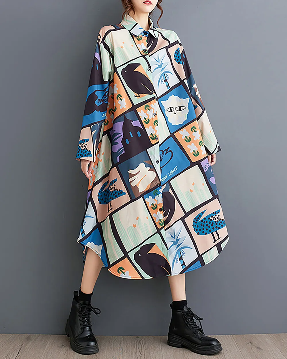 ellazhu Women's Shirt Dress Lapel Button Down Long Sleeve Irregular Hem Oversize Loose Pockets Random Pattern GZ239 Blue
