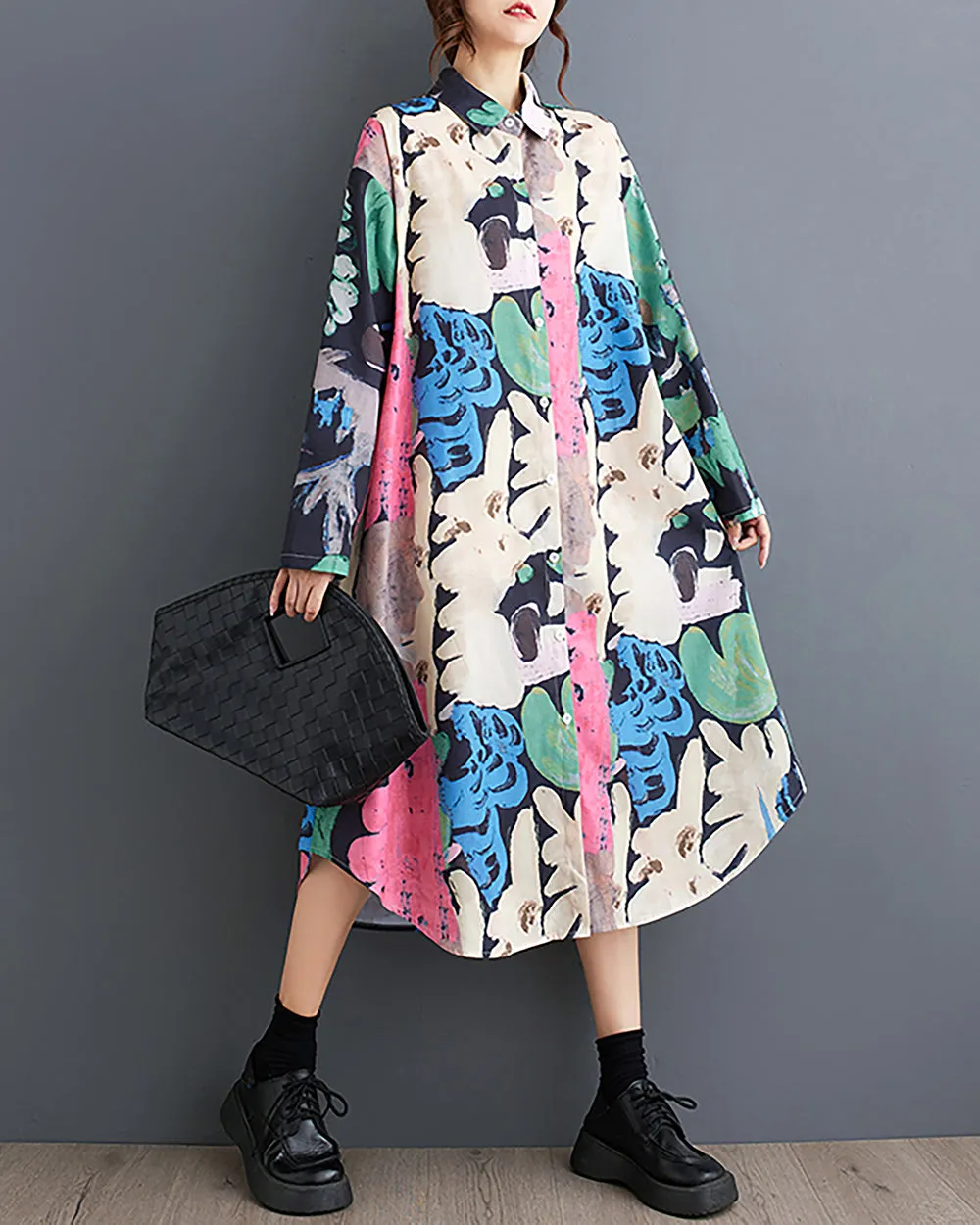 ellazhu Women's Shirt Dress Lapel Button Down Long Sleeve Irregular Hem Oversize Loose Pockets Random Pattern GZ239 Blue