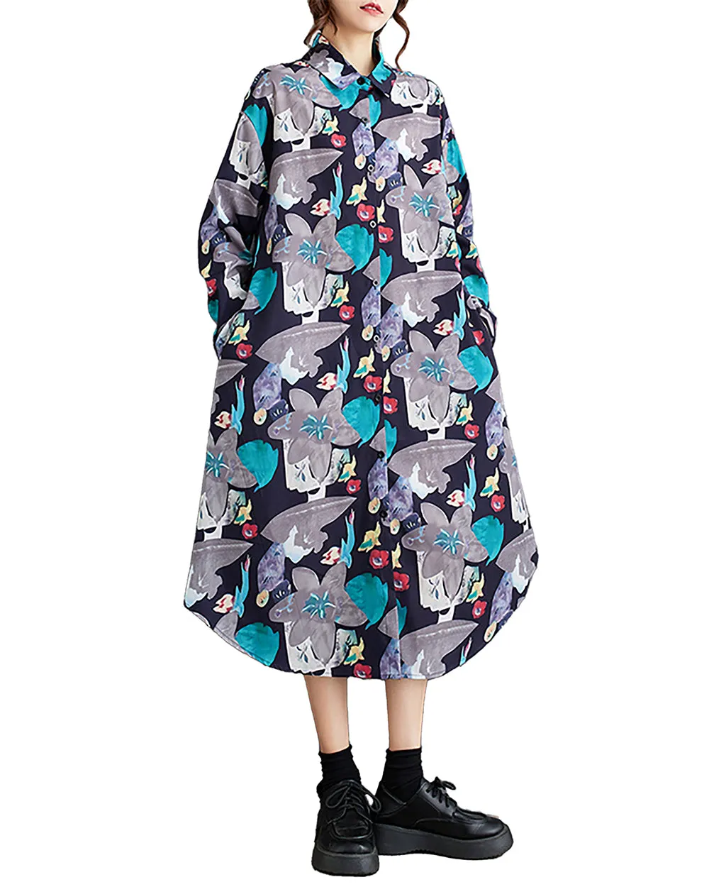 ellazhu Women's Shirt Dress Lapel Button Down Long Sleeve Irregular Hem Oversize Loose Pockets Random Pattern GZ239 Blue