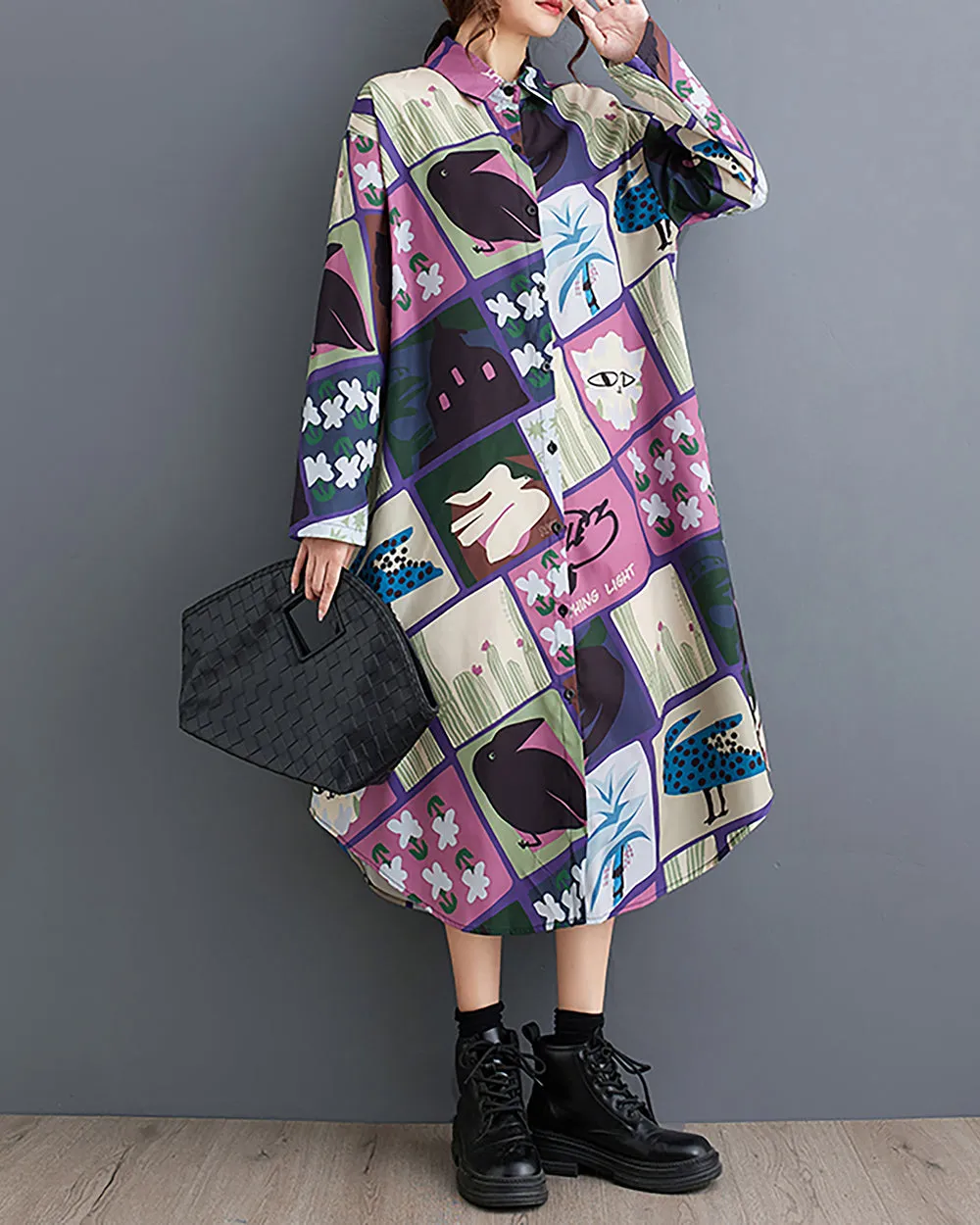 ellazhu Women's Shirt Dress Lapel Button Down Long Sleeve Irregular Hem Oversize Loose Pockets Random Pattern GZ239 Blue