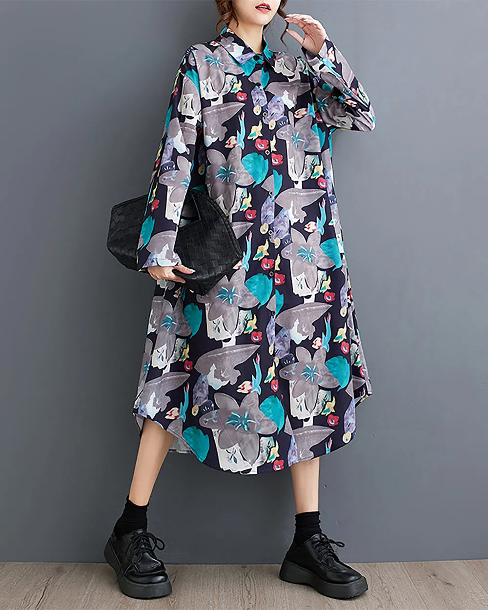 ellazhu Women's Shirt Dress Lapel Button Down Long Sleeve Irregular Hem Oversize Loose Pockets Random Pattern GZ239 Blue