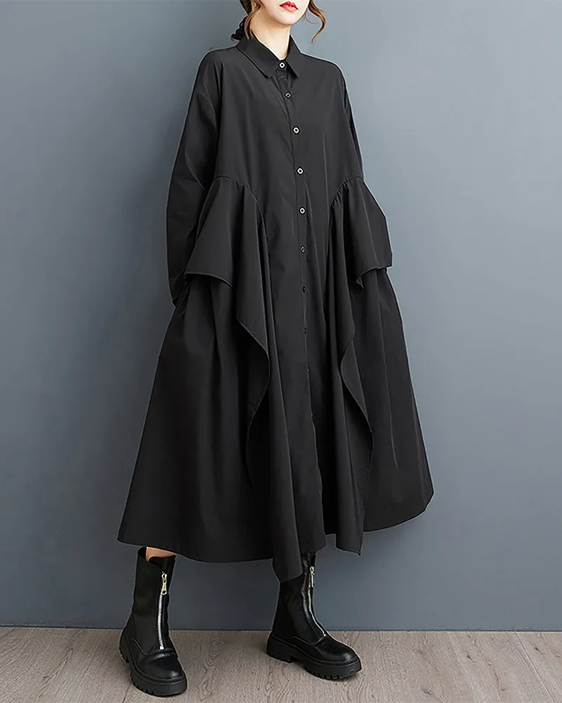 ellazhu Women's Shirt Dress Lapel Button Down Long Sleeve Mid Length Flowy Hem Solid Loose GZ332