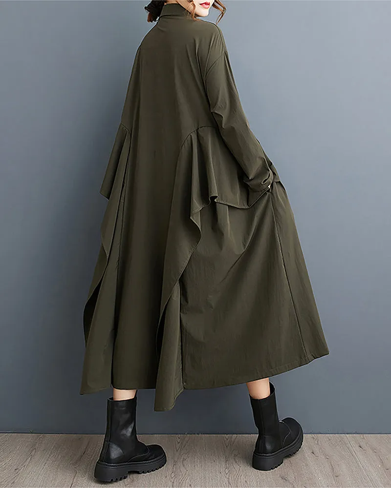 ellazhu Women's Shirt Dress Lapel Button Down Long Sleeve Mid Length Flowy Hem Solid Loose GZ332