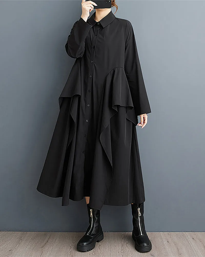 ellazhu Women's Shirt Dress Lapel Button Down Long Sleeve Mid Length Flowy Hem Solid Loose GZ332