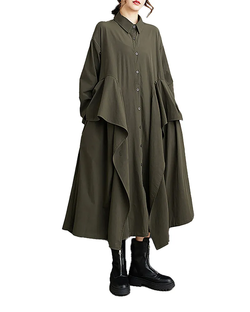 ellazhu Women's Shirt Dress Lapel Button Down Long Sleeve Mid Length Flowy Hem Solid Loose GZ332