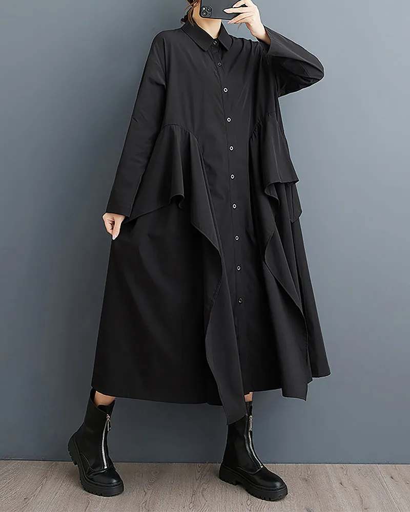 ellazhu Women's Shirt Dress Lapel Button Down Long Sleeve Mid Length Flowy Hem Solid Loose GZ332