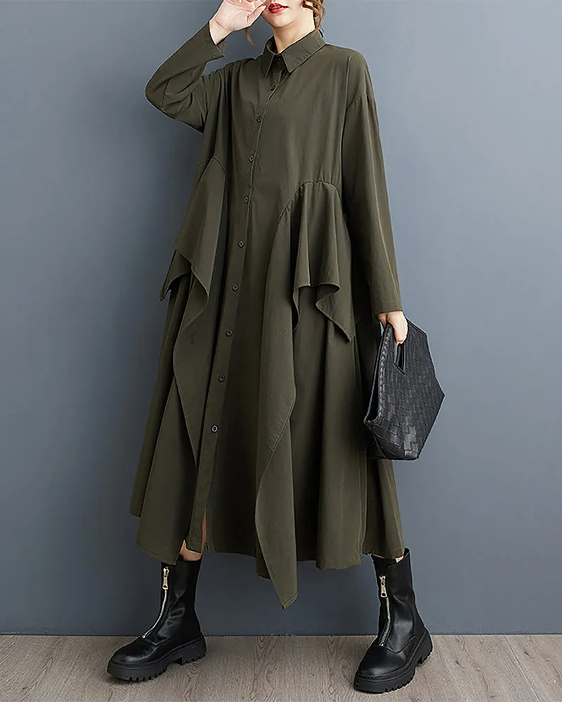 ellazhu Women's Shirt Dress Lapel Button Down Long Sleeve Mid Length Flowy Hem Solid Loose GZ332