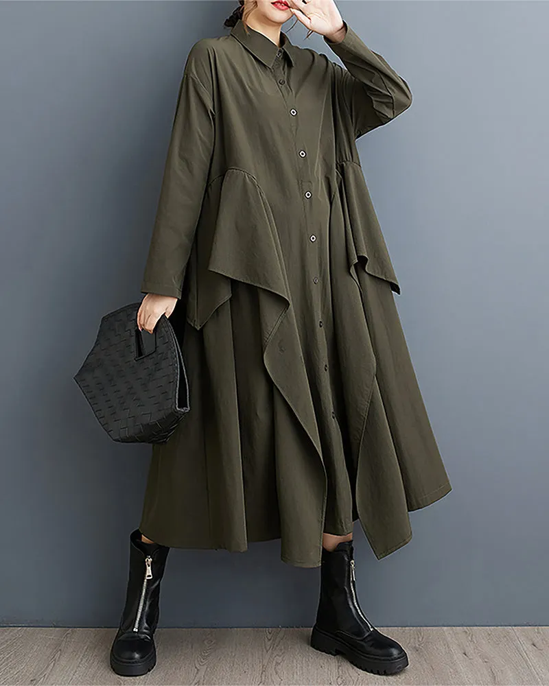 ellazhu Women's Shirt Dress Lapel Button Down Long Sleeve Mid Length Flowy Hem Solid Loose GZ332
