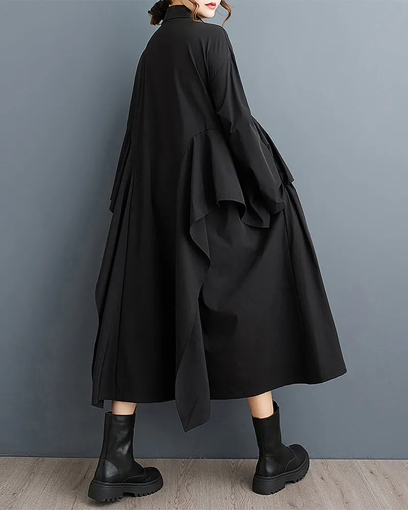 ellazhu Women's Shirt Dress Lapel Button Down Long Sleeve Mid Length Flowy Hem Solid Loose GZ332