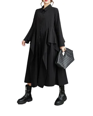 ellazhu Women's Shirt Dress Lapel Button Down Long Sleeve Mid Length Flowy Hem Solid Loose GZ332