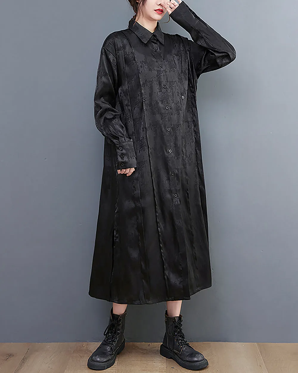 ellazhu Women's Shirt Dress Lapel Button Down Long Sleeve Solid Black Split Hem Loose Oversize GZ260