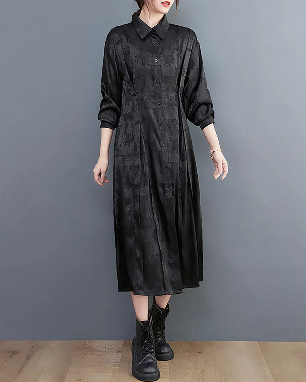 ellazhu Women's Shirt Dress Lapel Button Down Long Sleeve Solid Black Split Hem Loose Oversize GZ260