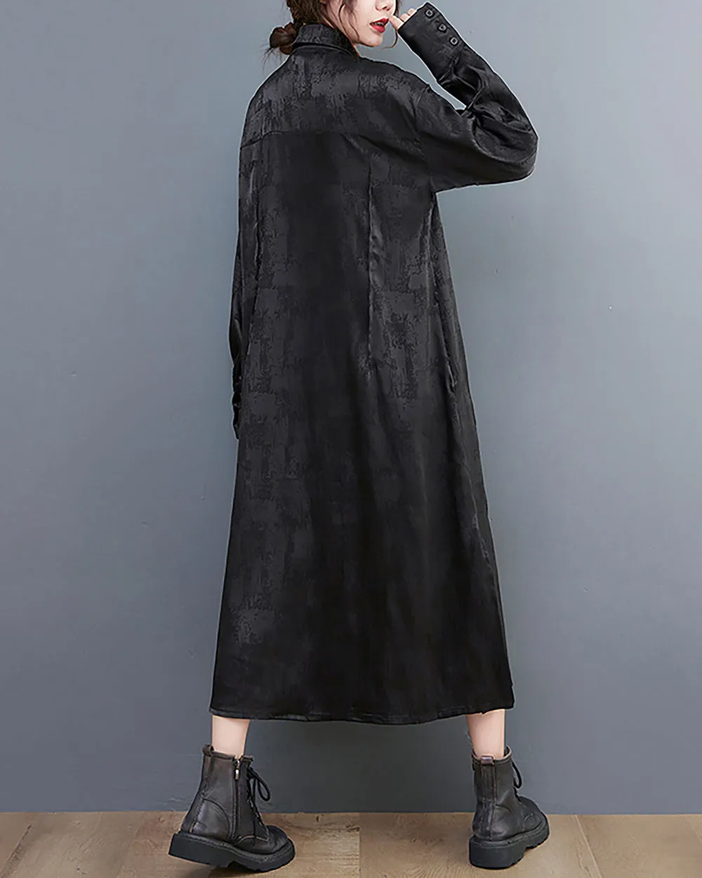 ellazhu Women's Shirt Dress Lapel Button Down Long Sleeve Solid Black Split Hem Loose Oversize GZ260