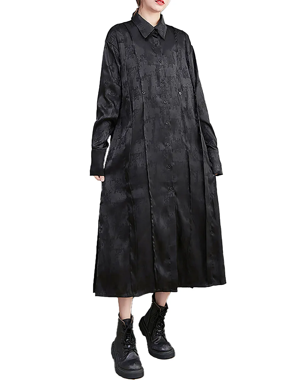 ellazhu Women's Shirt Dress Lapel Button Down Long Sleeve Solid Black Split Hem Loose Oversize GZ260