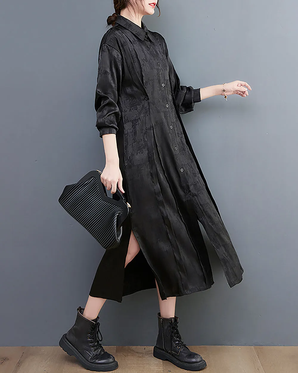 ellazhu Women's Shirt Dress Lapel Button Down Long Sleeve Solid Black Split Hem Loose Oversize GZ260