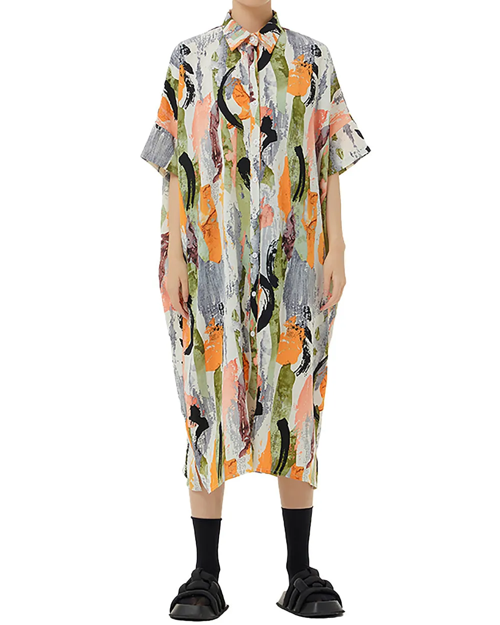 ellazhu Women's Shirt Dress Oversize Loose Button Down Flowy Split Hem Lapel Half Sleeve Random Pattern Summer GE07