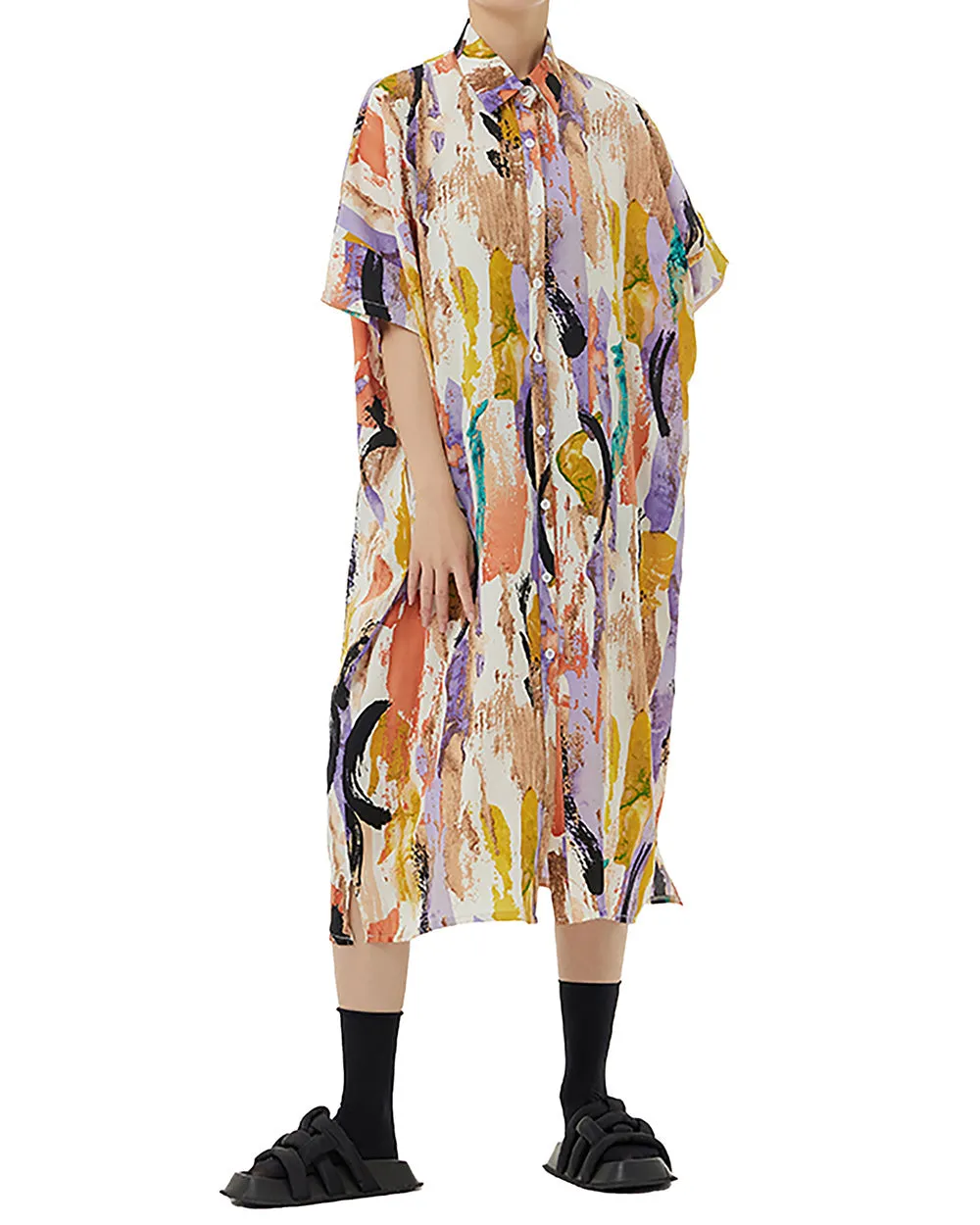 ellazhu Women's Shirt Dress Oversize Loose Button Down Flowy Split Hem Lapel Half Sleeve Random Pattern Summer GE07