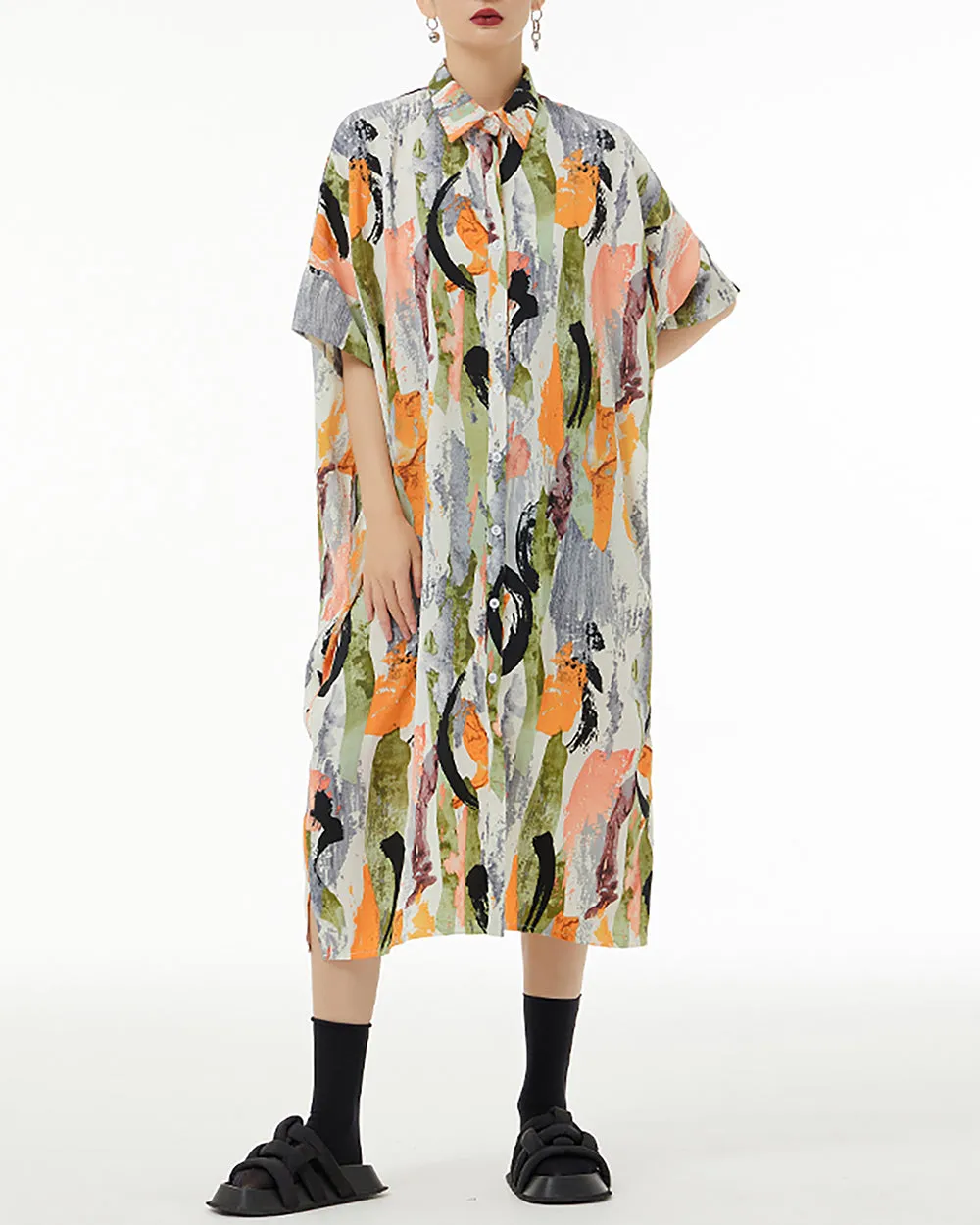 ellazhu Women's Shirt Dress Oversize Loose Button Down Flowy Split Hem Lapel Half Sleeve Random Pattern Summer GE07