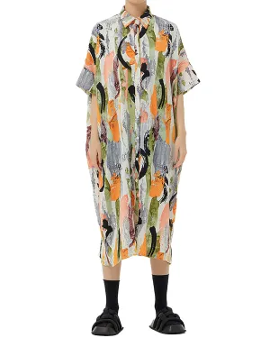 ellazhu Women's Shirt Dress Oversize Loose Button Down Flowy Split Hem Lapel Half Sleeve Random Pattern Summer GE07