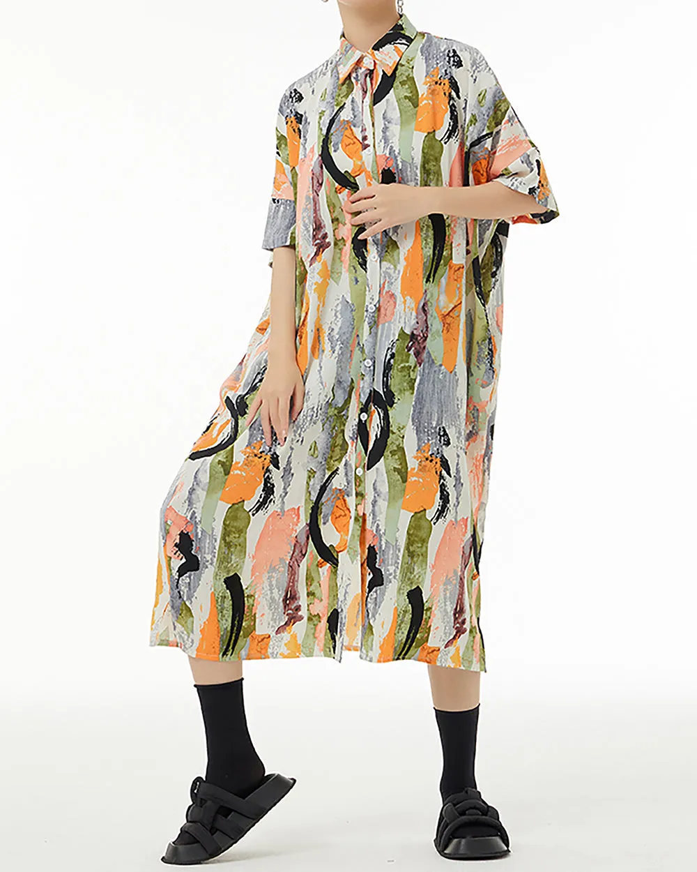 ellazhu Women's Shirt Dress Oversize Loose Button Down Flowy Split Hem Lapel Half Sleeve Random Pattern Summer GE07