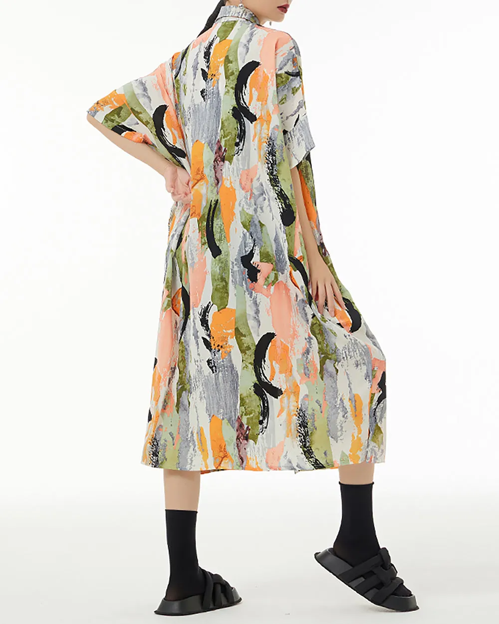 ellazhu Women's Shirt Dress Oversize Loose Button Down Flowy Split Hem Lapel Half Sleeve Random Pattern Summer GE07