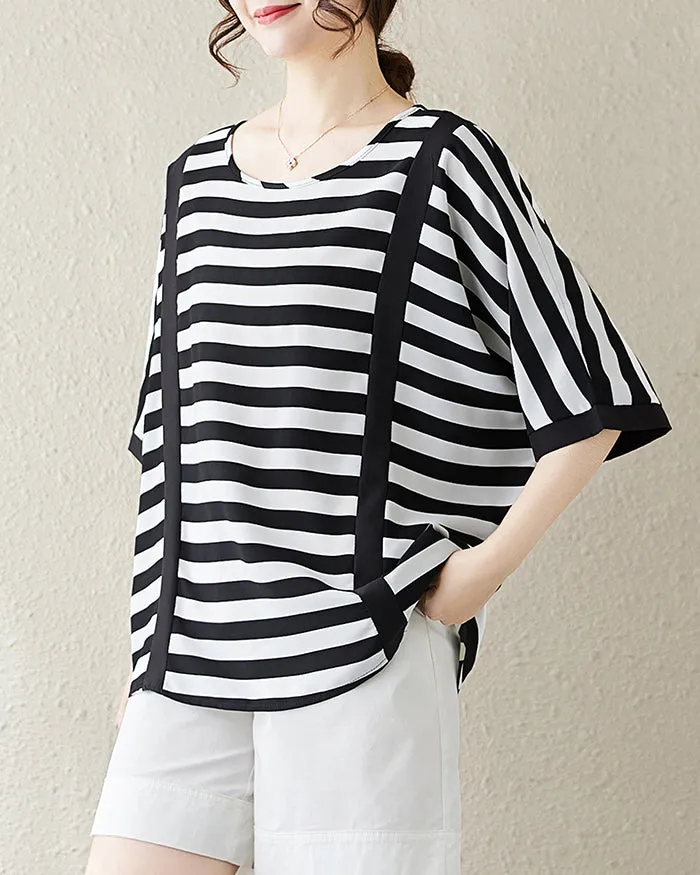 ellazhu Women's Shirt Half Sleeve Crewneck Oversize Loose Stripe Flowy Hem Spring Summer GA2752