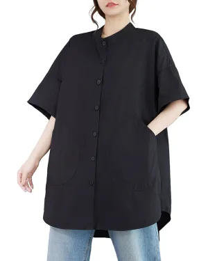 ellazhu Women's Shirt Lapel Button Down Half Sleeve Two Side Pockets Split Hem Solid Loose Oversize GA2761