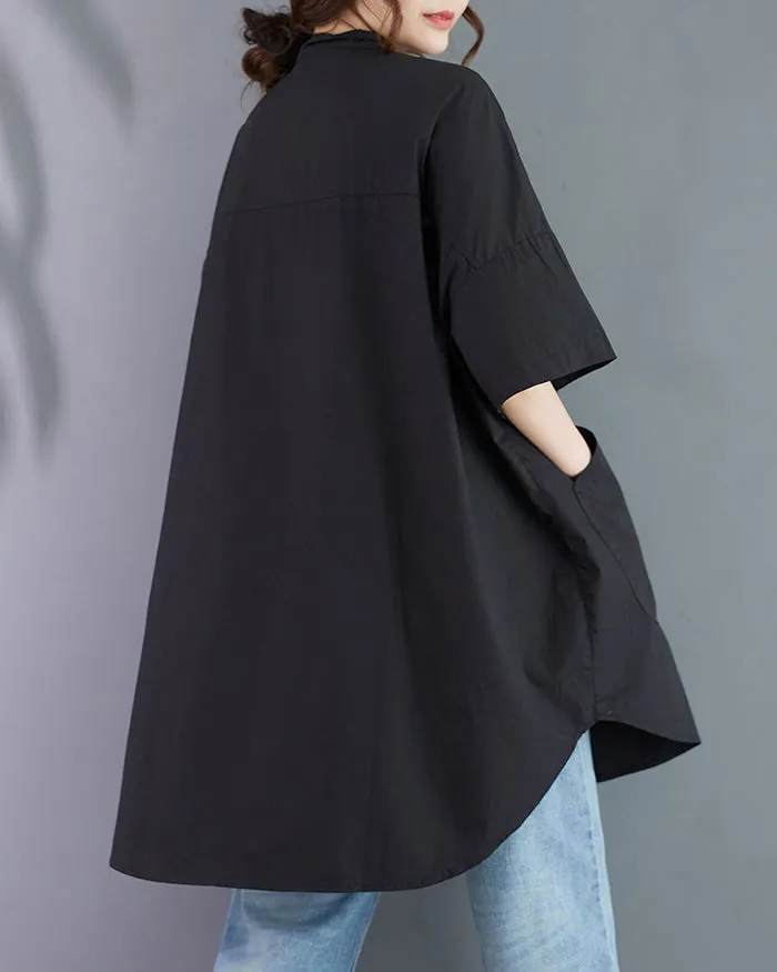 ellazhu Women's Shirt Lapel Button Down Half Sleeve Two Side Pockets Split Hem Solid Loose Oversize GA2761