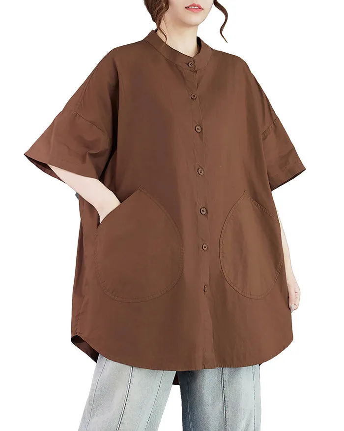 ellazhu Women's Shirt Lapel Button Down Half Sleeve Two Side Pockets Split Hem Solid Loose Oversize GA2761