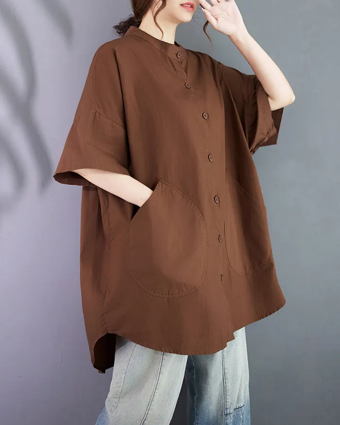 ellazhu Women's Shirt Lapel Button Down Half Sleeve Two Side Pockets Split Hem Solid Loose Oversize GA2761