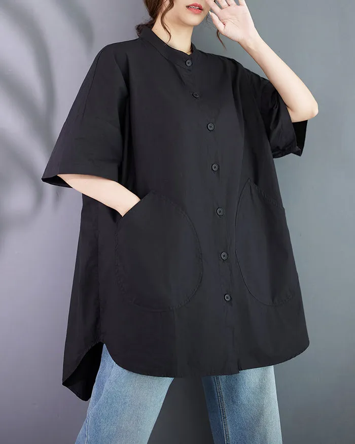 ellazhu Women's Shirt Lapel Button Down Half Sleeve Two Side Pockets Split Hem Solid Loose Oversize GA2761