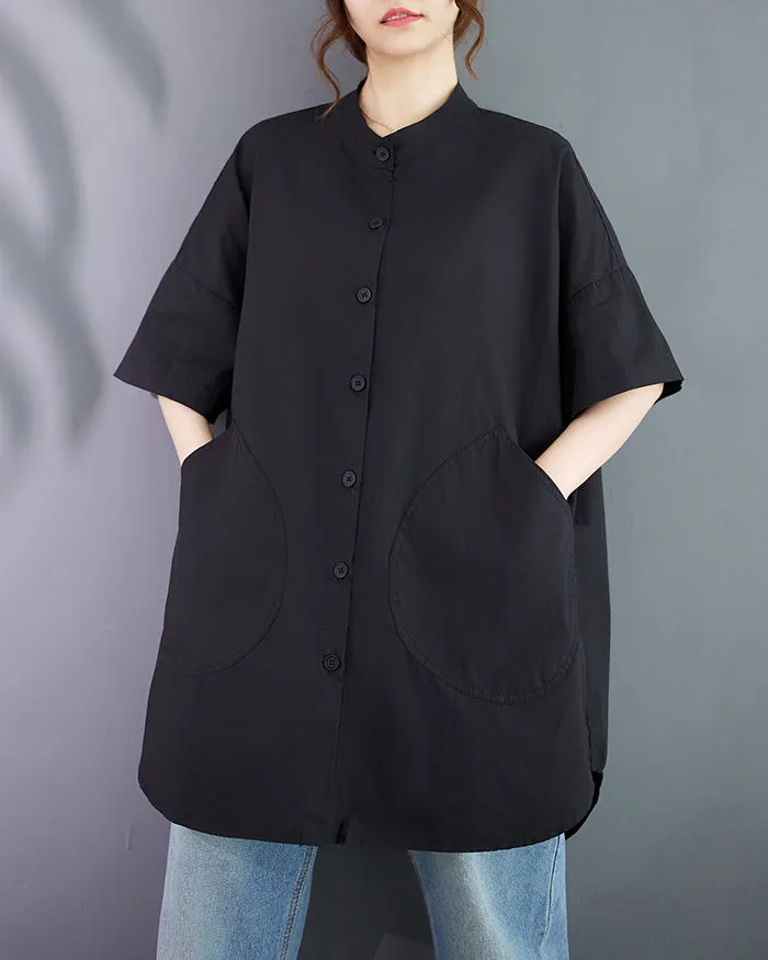 ellazhu Women's Shirt Lapel Button Down Half Sleeve Two Side Pockets Split Hem Solid Loose Oversize GA2761
