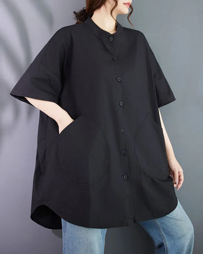 ellazhu Women's Shirt Lapel Button Down Half Sleeve Two Side Pockets Split Hem Solid Loose Oversize GA2761