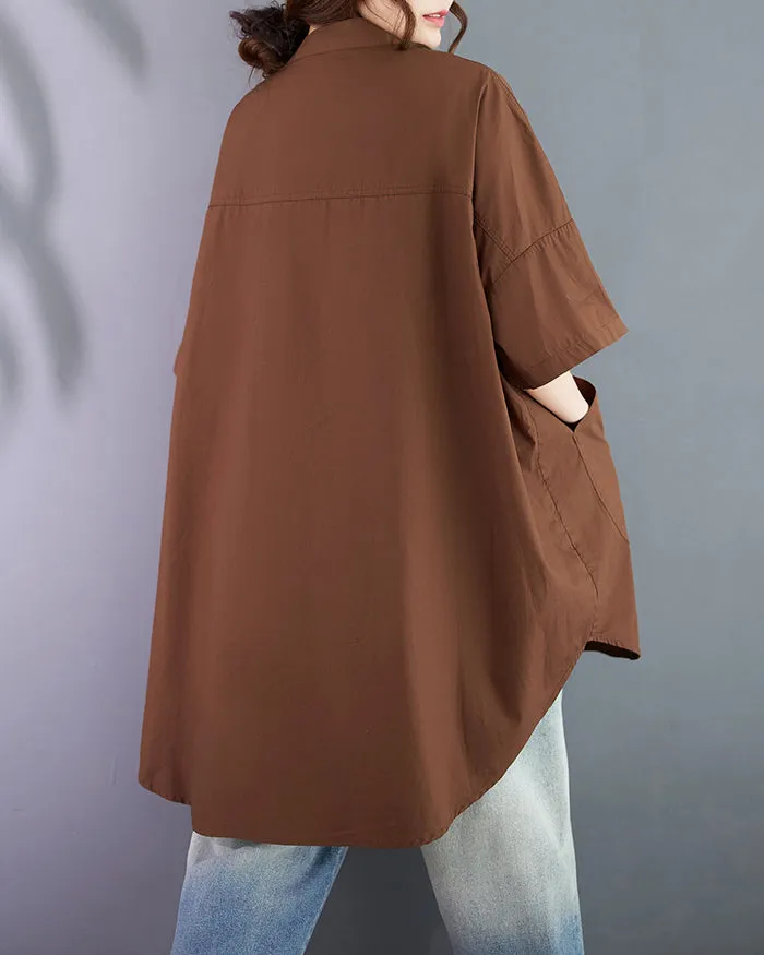 ellazhu Women's Shirt Lapel Button Down Half Sleeve Two Side Pockets Split Hem Solid Loose Oversize GA2761