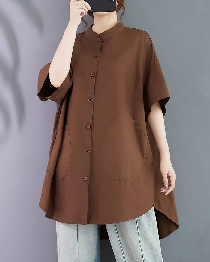 ellazhu Women's Shirt Lapel Button Down Half Sleeve Two Side Pockets Split Hem Solid Loose Oversize GA2761