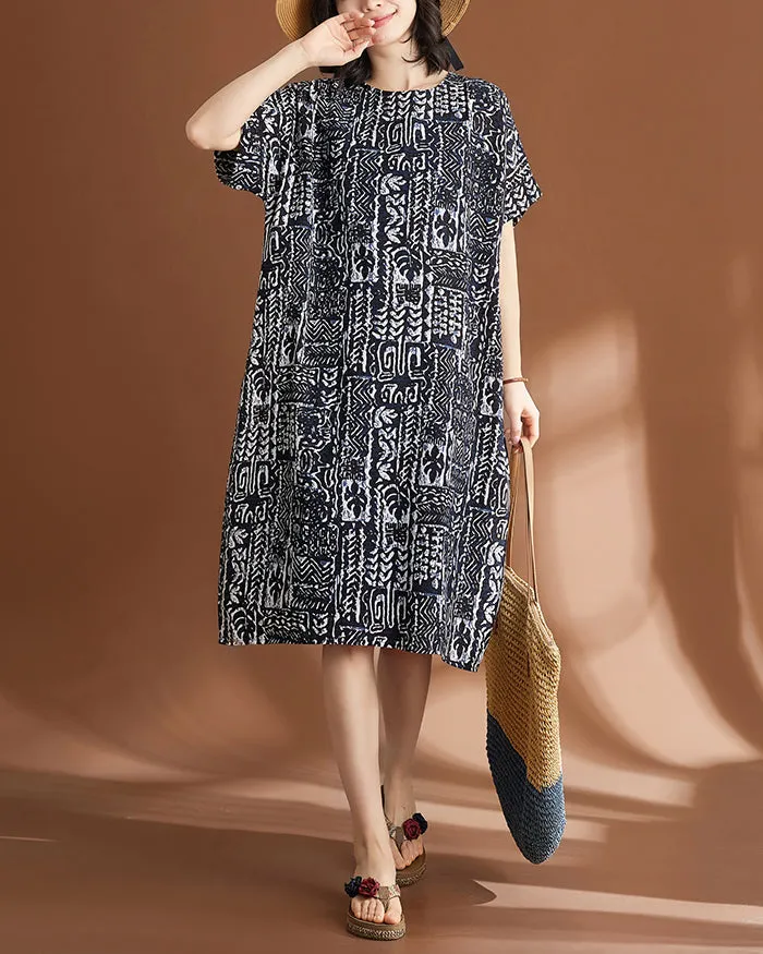 ellazhu Women's Short Sleeves Midi Length Pattern Floral Print Patchwork Shirt Dress GA2740