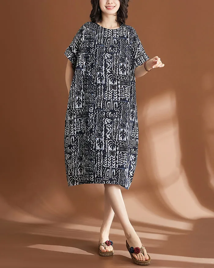 ellazhu Women's Short Sleeves Midi Length Pattern Floral Print Patchwork Shirt Dress GA2740