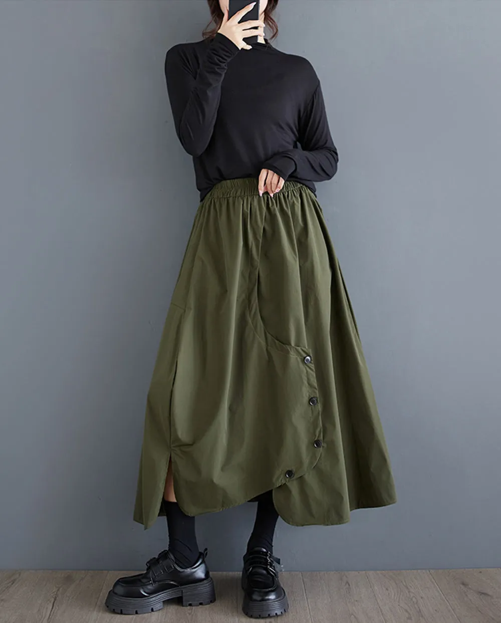 ellazhu Women's Skirt Elastic Waist Two Side Pockets Solid Color Baggy Loose Oversize Trouser GZ314