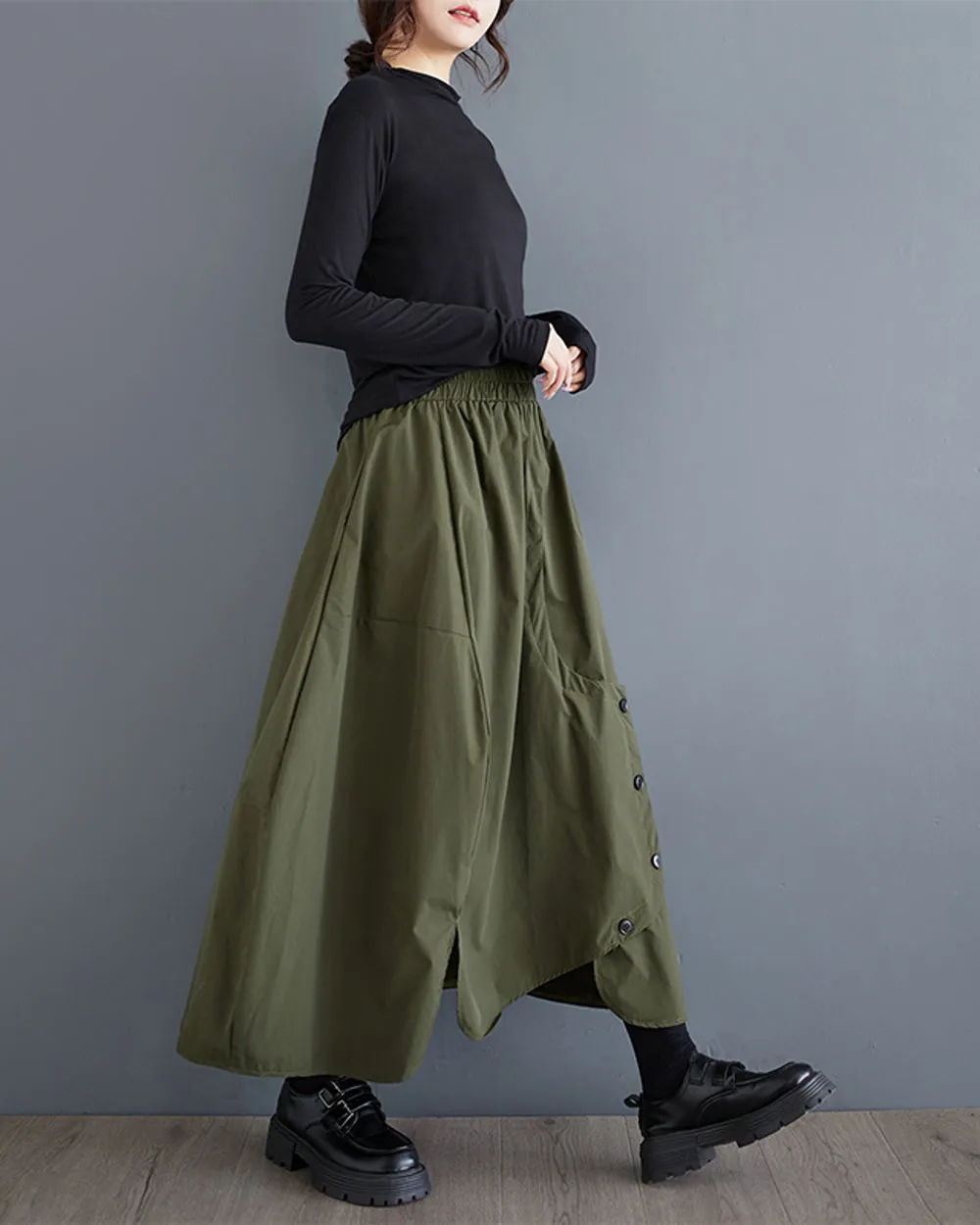 ellazhu Women's Skirt Elastic Waist Two Side Pockets Solid Color Baggy Loose Oversize Trouser GZ314