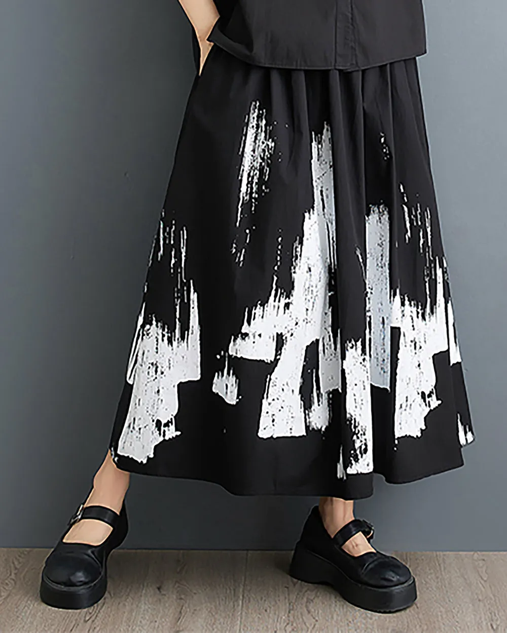 ellazhu Women's Skirt Wide Legs Black White Print Pockets Loose Oversize Flowy Hem Summer GZ233