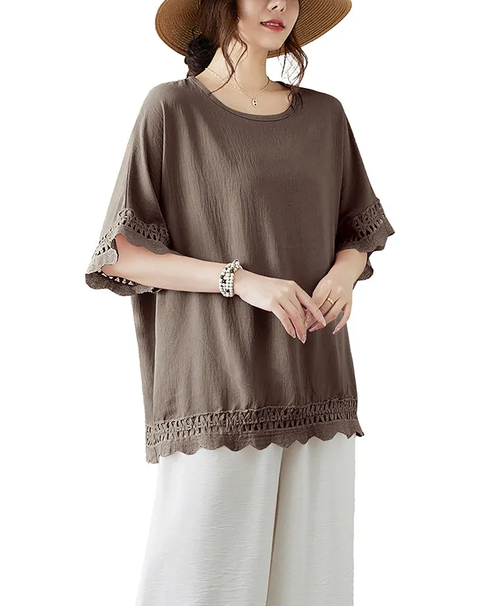 ellazhu Women's T-Shirt Crewneck Half Sleeve Solid Color Flowy Lace Hem Loose Oversize Summer GA2756