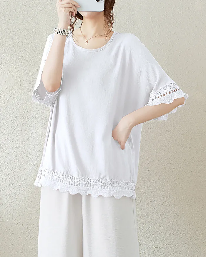 ellazhu Women's T-Shirt Crewneck Half Sleeve Solid Color Flowy Lace Hem Loose Oversize Summer GA2756