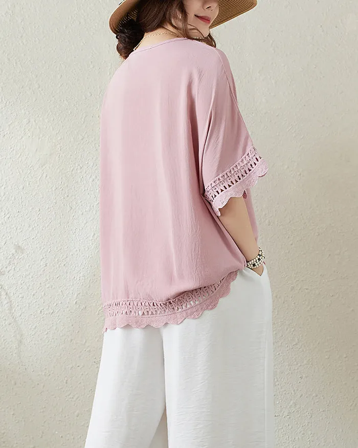 ellazhu Women's T-Shirt Crewneck Half Sleeve Solid Color Flowy Lace Hem Loose Oversize Summer GA2756