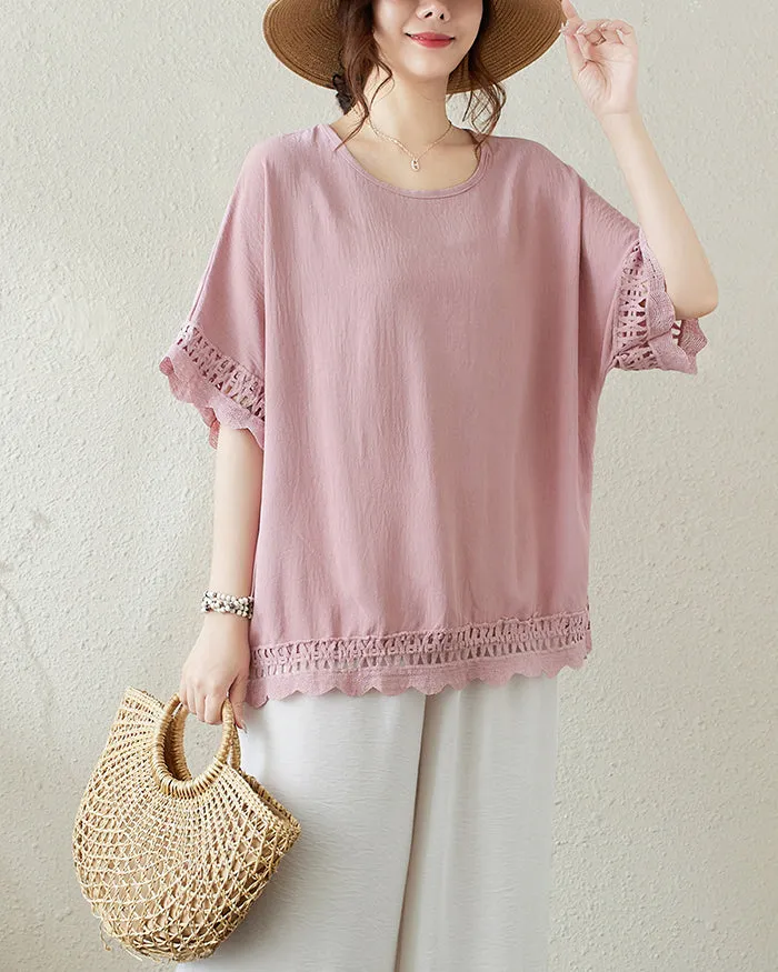 ellazhu Women's T-Shirt Crewneck Half Sleeve Solid Color Flowy Lace Hem Loose Oversize Summer GA2756