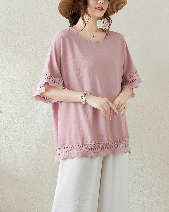ellazhu Women's T-Shirt Crewneck Half Sleeve Solid Color Flowy Lace Hem Loose Oversize Summer GA2756