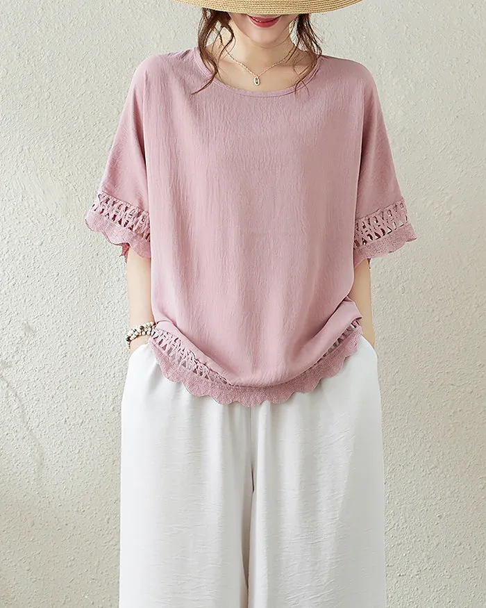 ellazhu Women's T-Shirt Crewneck Half Sleeve Solid Color Flowy Lace Hem Loose Oversize Summer GA2756