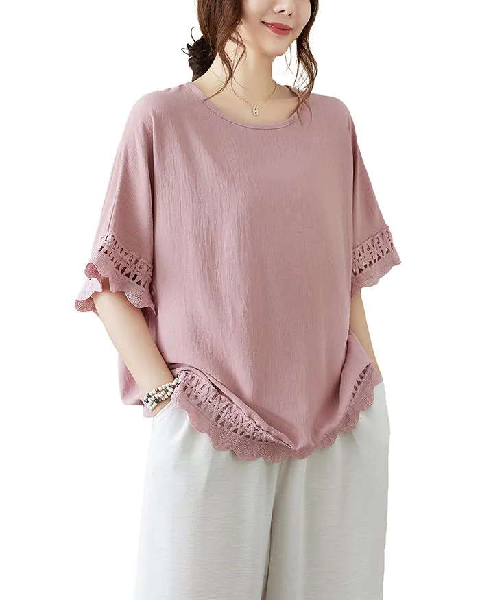 ellazhu Women's T-Shirt Crewneck Half Sleeve Solid Color Flowy Lace Hem Loose Oversize Summer GA2756