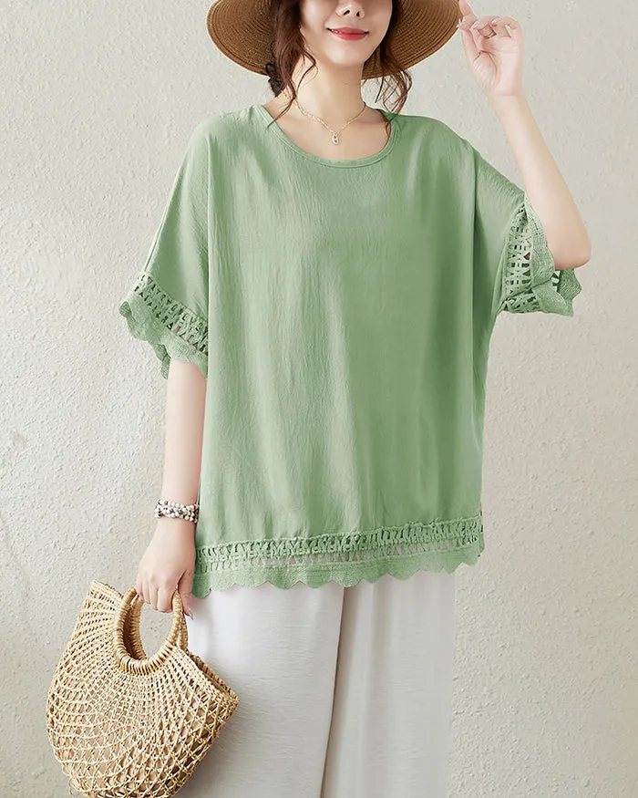 ellazhu Women's T-Shirt Crewneck Half Sleeve Solid Color Flowy Lace Hem Loose Oversize Summer GA2756